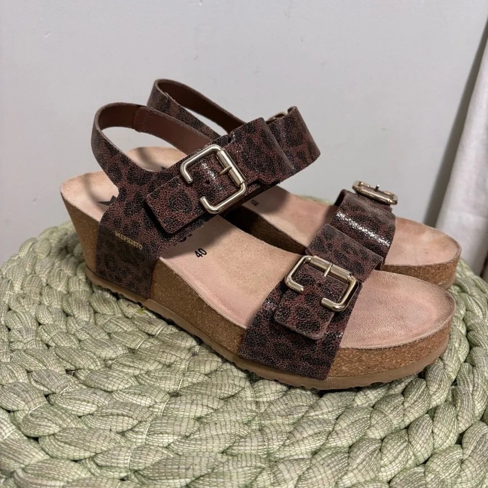 Mephisto Lissandra Brown Leopard Print Leather Slingback Wedge Sandals Size 10